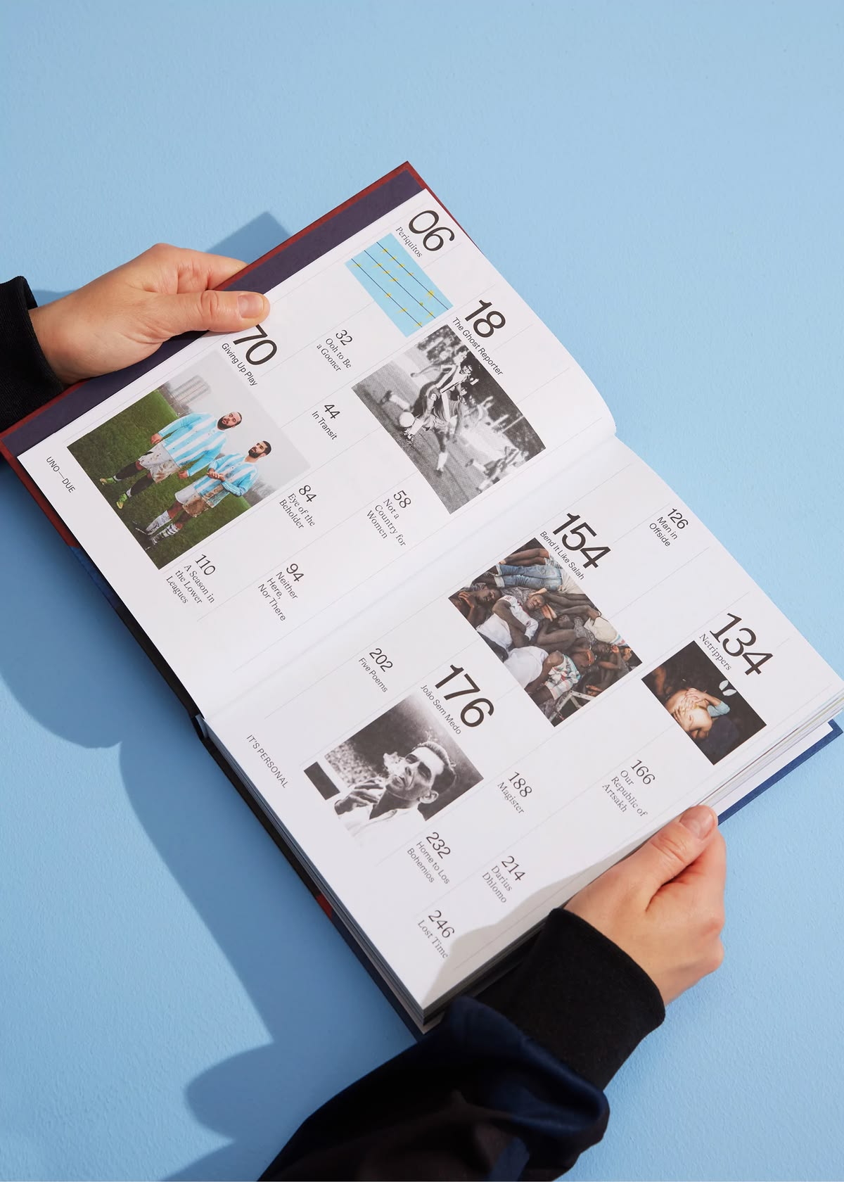 Revista abierta con diseño editorial sobre fondo celeste